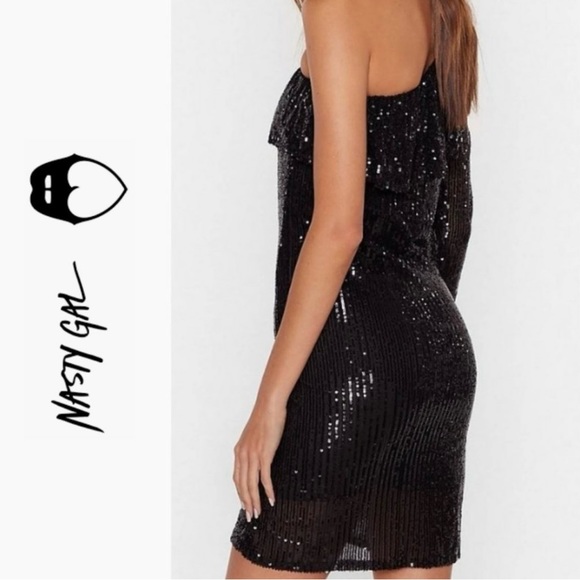 NWT Nasty Gal One Shoulder Black Sequin Party Dress - Medium - Picture 5 of 12